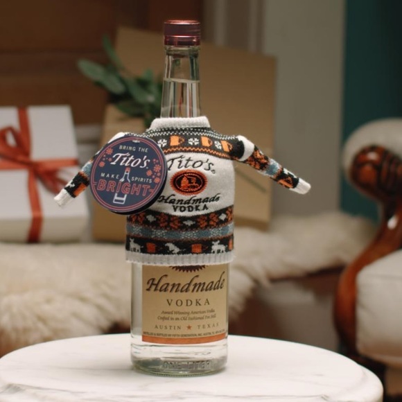 Tito’s Handmade Vodka Bottle Holiday Christmas Sweater Bottle Koozie with tag - Picture 6 of 7